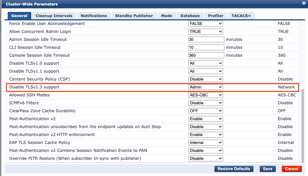 ClearPass Disable TLSv1.3 support scoped to Admin